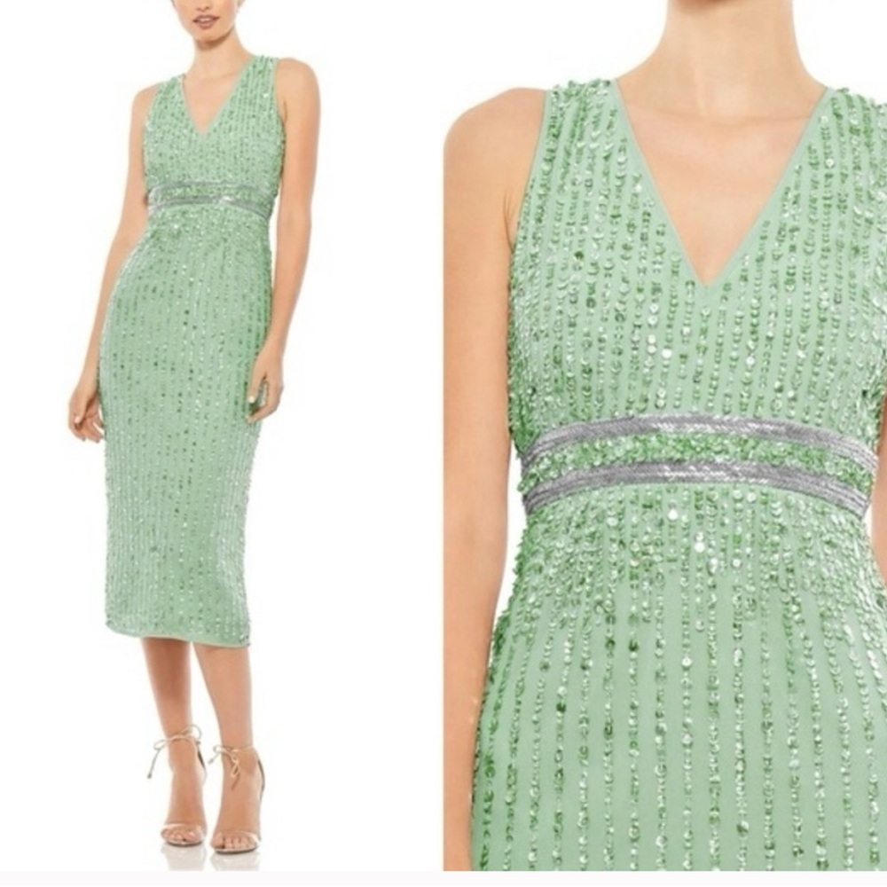 NWT Mac Duggal 70267 Sequined Sleeveless V-Neck Midi Sheath Dress Sage Sz 4